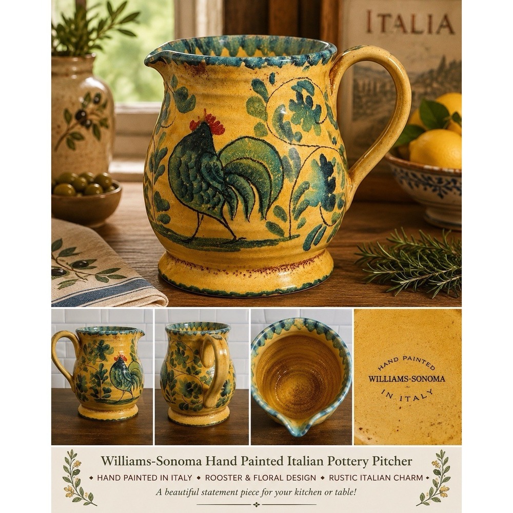 Williams Sonoma Hand Painted Italian Pottery Rooster Pitcher Italy 7" Farmhouse